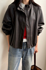 Leather Blouson Jacket in brown, women's faux leather blouson jacket