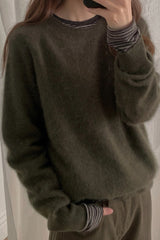 Cashmere Round Sweater in Khaki, cashmere wool silk crewneck sweater