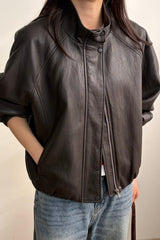 Leather Blouson Jacket in brown, women's faux leather blouson jacket