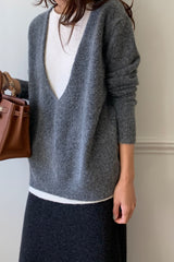 Cashmere Double Knit in Grey, women's cashmere blend V neck sweater