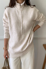 Rabbit Wool Zip Up in Oatmeal, women's knit zip up cardigan