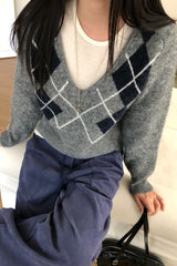 Argyle V Neck Sweater in grey, women's cropped argyle V neck sweater