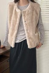 Pony Fur Vest Jacket in Beige, women's pony fur round neck vest
