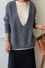 Cashmere Double Knit in Grey, women's cashmere blend V neck sweater
