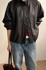 Leather Blouson Jacket in brown, women's faux leather blouson jacket