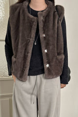 Pony Fur Vest Jacket in Charcoal, women's pony fur round neck vest