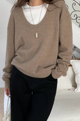 Deep U Raccoon Knit in Beige, women's raccoon wool deep U neck sweater