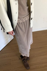 Rosel Midi Skirt in Beige Grey, velvet lace hem midi skirt
