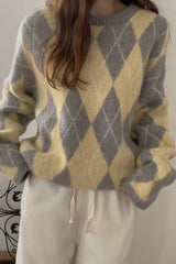 Dia Brush Sweater in Grey, brushed alpaca argyle sweater