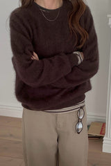 Cashmere Round Sweater in Brown, cashmere wool silk crewneck sweater