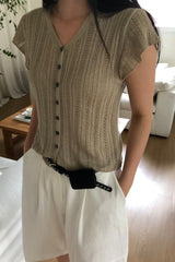 Pointelle Button Knit Top