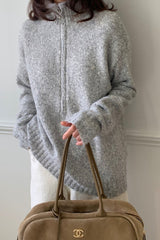 Rabbit Wool Zip Up in Grey, women's knit zip up cardigan