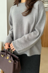 Soft Round Sweater in grey, women's wool angora round neck sweater