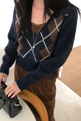 Argyle V Neck Sweater in navy, women's cropped argyle V neck sweater