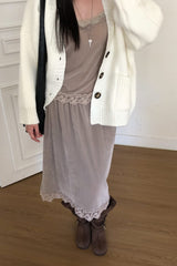 Rosel Midi Skirt in Beige Grey, velvet lace hem midi skirt