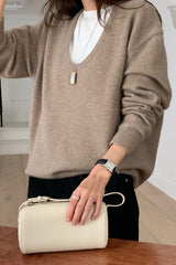 Deep U Raccoon Knit in Beige, women's raccoon wool deep U neck sweater