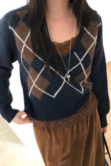 Argyle V Neck Sweater in navy, women's cropped argyle V neck sweater