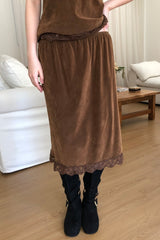 Rosel Midi Skirt in Brown, velvet lace hem midi skirt