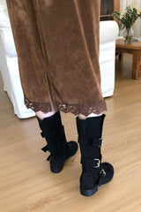 Rosel Midi Skirt in Brown, velvet lace hem midi skirt