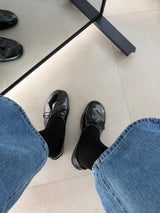 FB609 Flat in Black, glossy round toe flat shoes