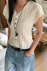 Pointelle Button Knit Top