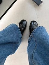 FB609 Flat in Black, glossy round toe flat shoes