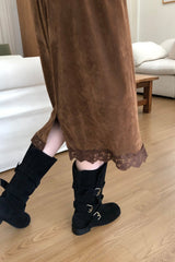 Rosel Midi Skirt in Brown, velvet lace hem midi skirt