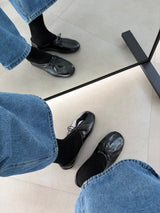 FB609 Flat in Black, glossy round toe flat shoes