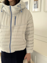 Lightweight Down Puffer Jacket in Light Grey, women's lightweight down hooded puffer jacket