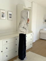 Lightweight Down Puffer Jacket in Light Grey, women's lightweight down hooded puffer jacket