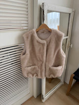 Pony Fur Vest Jacket in Beige, women's pony fur round neck vest