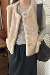 Pony Fur Vest Jacket in Beige, women's pony fur round neck vest