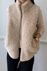 Boucle Vest Jacket in Beige, women's boucle zip vest jacket