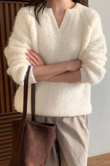 Warm Boucle Split-Neck Sweater
