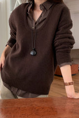 Deep U Raccoon Knit in Brown, women's raccoon wool deep U neck sweater