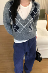 Argyle V Neck Sweater in grey, women's cropped argyle V neck sweater