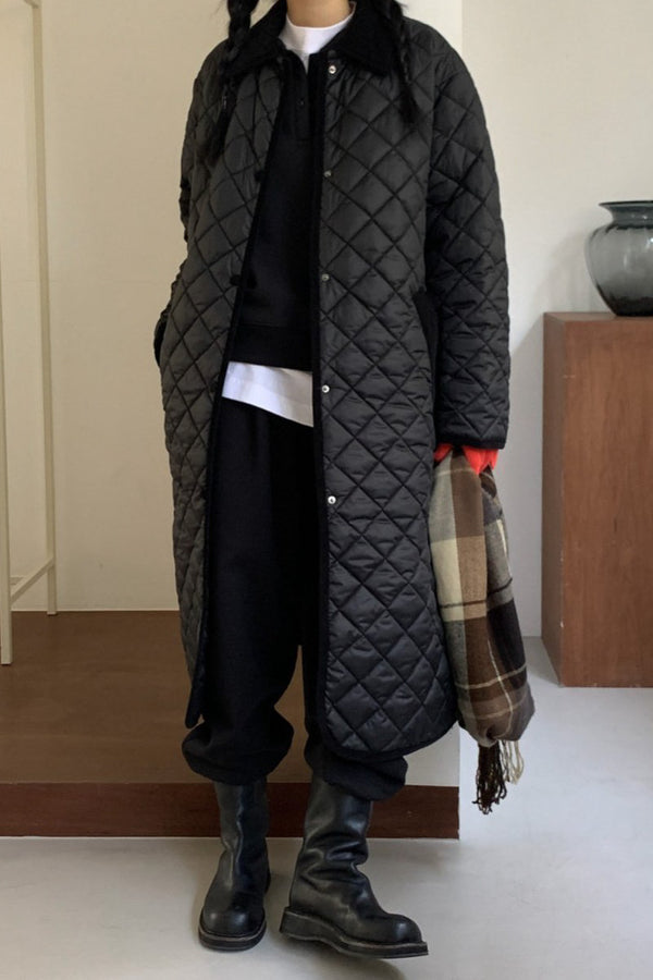 Corduroy-Collared Quilted Overcoat