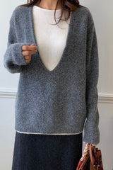 Cashmere Double Knit in Grey, women's cashmere blend V neck sweater