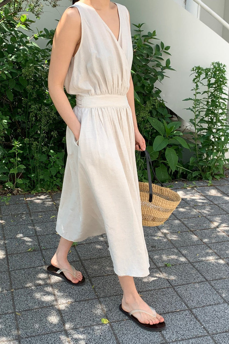 Linen Wrap Dress Beige / One size