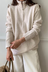 Rabbit Wool Zip Up in Oatmeal, women's knit zip up cardigan
