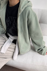 Fleece Hoodie Zip Up in mint, women's cropped fleece zip up hoodie