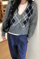 Argyle V Neck Sweater in grey, women's cropped argyle V neck sweater