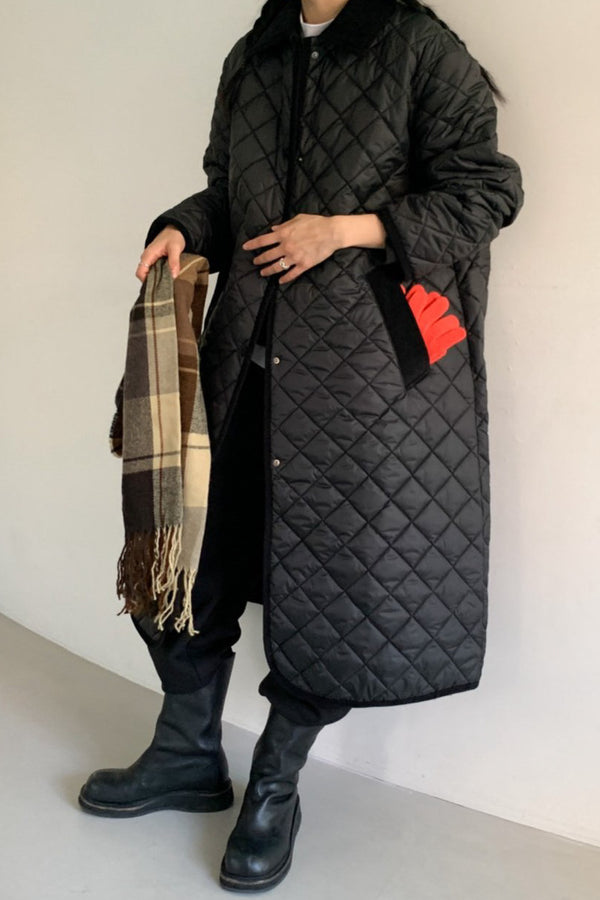 Corduroy-Collared Quilted Overcoat