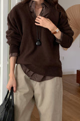 Deep U Raccoon Knit in Brown, women's raccoon wool deep U neck sweater