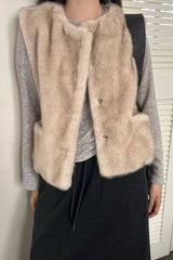 Pony Fur Vest Jacket in Beige, women's pony fur round neck vest