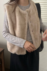 Pony Fur Vest Jacket in Beige, women's pony fur round neck vest
