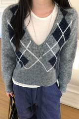 Argyle V Neck Sweater in grey, women's cropped argyle V neck sweater