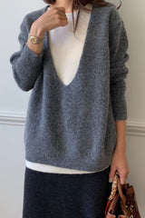 Cashmere Double Knit in Grey, women's cashmere blend V neck sweater