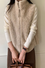 Boucle Vest Jacket in Beige, women's boucle zip vest jacket