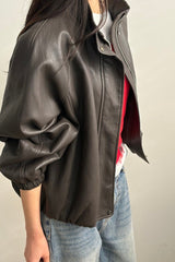 Leather Blouson Jacket in brown, women's faux leather blouson jacket